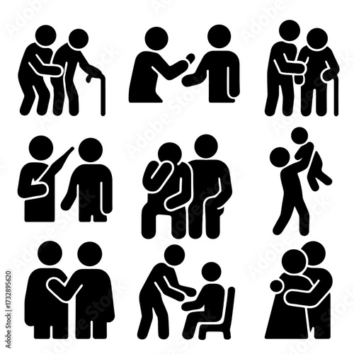 Caregiving Icons. Solid style icons of caregiving and support: helping elderly person, giving medicine, supporting with walking