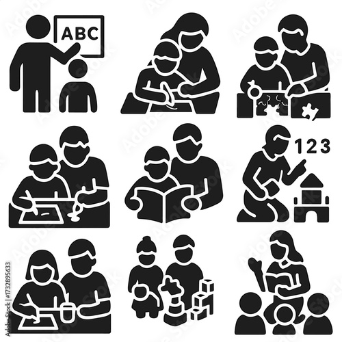 Educational Icons Collection. Solid style icons of learning and growth: parent teaching alphabet, child drawing with guidance,