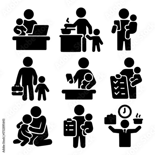 Parental Multitasking Icons. Solid style icons of parental care and multitasking: holding baby while working, cooking with child