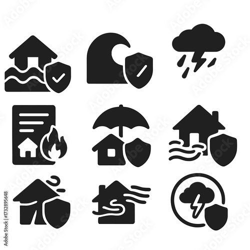 Natural Disaster Icon Set. Solid style icons of flood and natural disaster protection: flooded house with shield, wave icon with