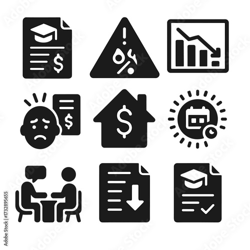 Student Debt Icons. Solid style icons of student debt management: repayment plan document, interest rate warning, debt tracker