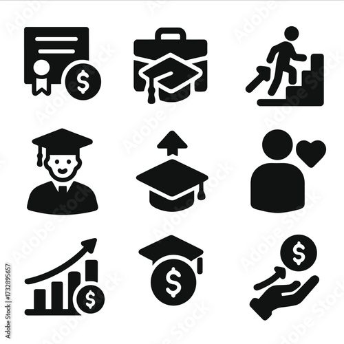 Educational Investment Icons. Solid style icons of educational investment outcomes: diploma and coin symbol, job offer with degree