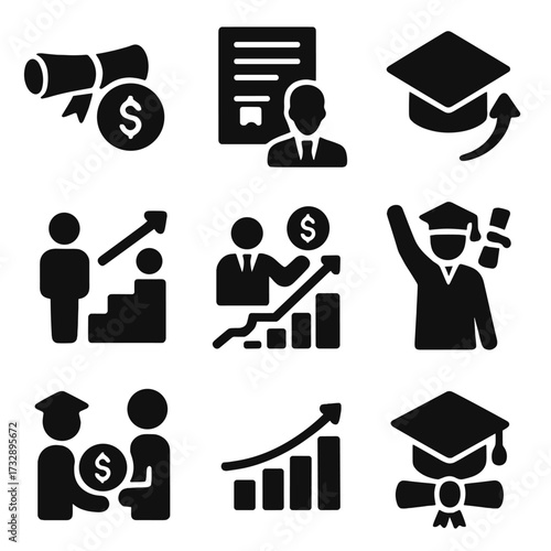 Educational Investment Icons. Solid style icons of educational investment outcomes: diploma and coin symbol, job offer with degree