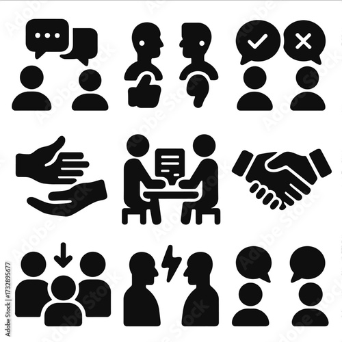 Icons of Negotiation. Solid style icons of disagreement and negotiation: debate with speech bubbles, differing opinion icon, pros