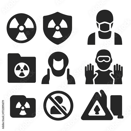 Radiation Safety Icons. Solid style icons of scan hazards and protections: radiation warning icon, scan safety shield, protective