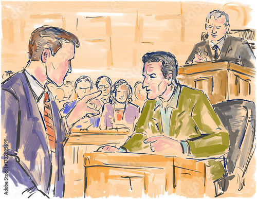 Pastel pencil pen and ink sketch illustration of a courtroom trial setting with judge showing lawyer questioning defendant, plaintiff, witness on a court case drama in judiciary court of law.