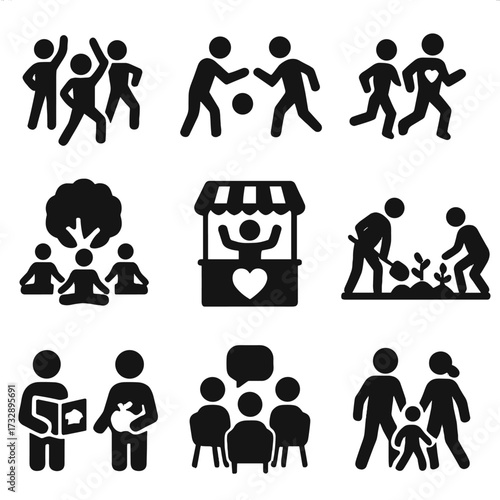 Health Community Icons. Solid style icons of health-related community activities: group exercise class, team sports symbol,