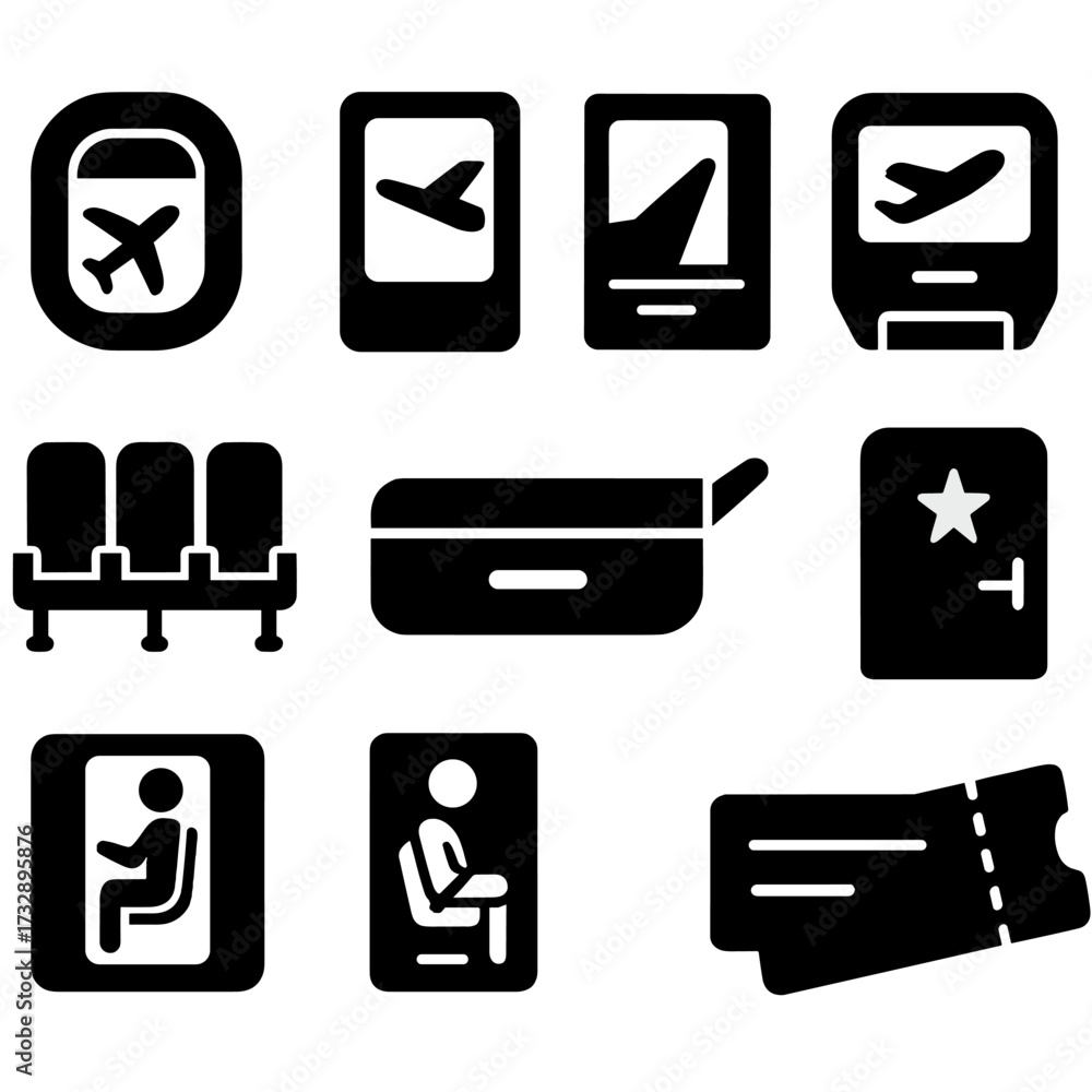 Fototapeta premium Airline Travel Icons. Solid style icons of commercial airline views: airplane window icon, wing view from seat, in-flight meal