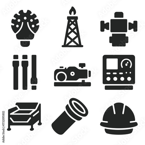 Drilling Tools Icons. Solid style icons of drilling and extraction tools: rotary drill bit, derrick tower icon, blowout preventer,
