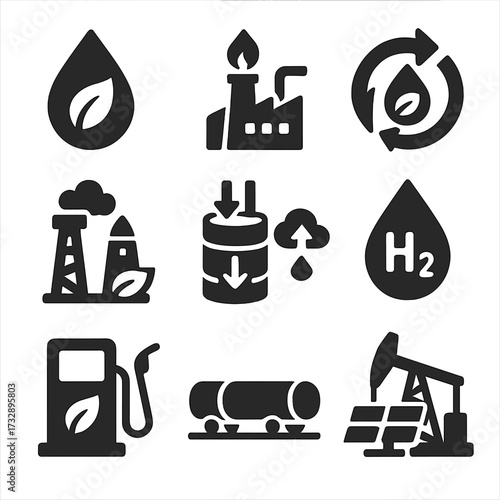 Sustainable Energy Icons. Solid style icons of sustainability and future solutions: green oil tech symbol, cleaner refining