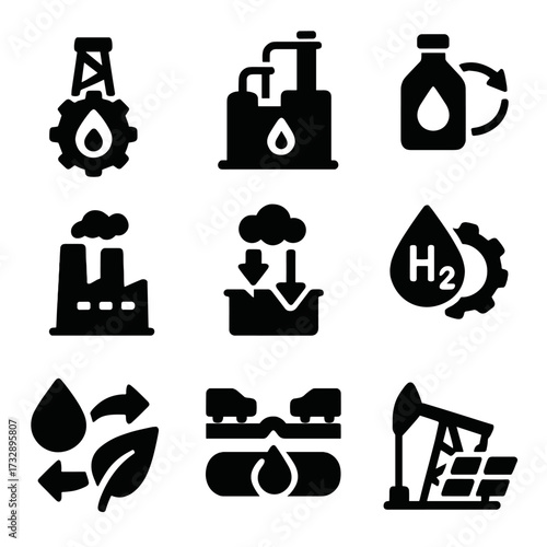 Sustainable Energy Icons. Solid style icons of sustainability and future solutions: green oil tech symbol, cleaner refining