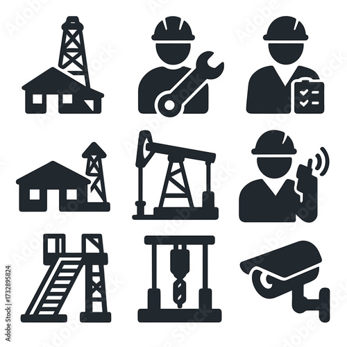 Oil Field Icons. Solid style icons of personnel and equipment on oil fields: rig operator figure, technician with wrench,