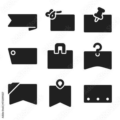 Banner Connector Icons. Solid style icons of banner ends and connectors: ribbon folded ends, tied rope attachment, pushpin banner