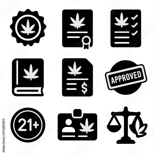 Cannabis Legal Icons. Solid style icons of legal and regulatory themes: cannabis legalization badge, license certificate icon,
