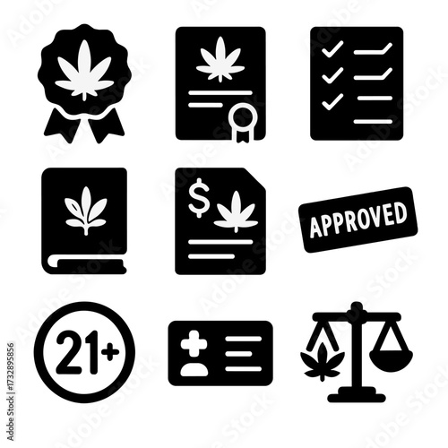 Cannabis Legal Icons. Solid style icons of legal and regulatory themes: cannabis legalization badge, license certificate icon,
