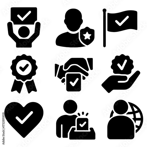 Civic Duty Icons. Solid style icons of civic duty and pride: person holding vote sign, community member badge, flag with checkmark