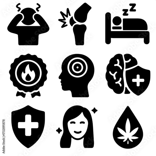 Health Benefits Icons. Solid style icons of health and relief benefits: icon of anxiety relief, joint pain symbol, sleep aid icon,