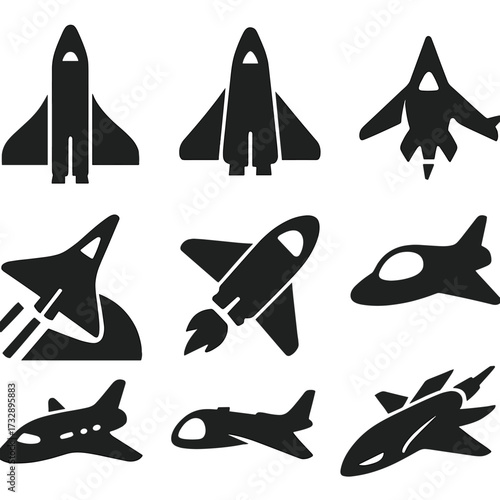 Futuristic Spaceplanes Icons. Solid style icons of spaceplanes and futuristic aircraft: low-orbit shuttle, winged spaceplane,