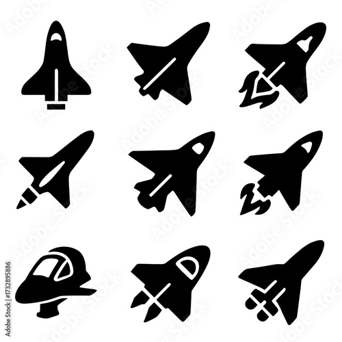 Futuristic Spaceplanes Icons. Solid style icons of spaceplanes and futuristic aircraft: low-orbit shuttle, winged spaceplane,