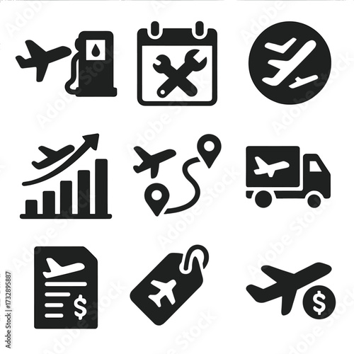 Airline Economy Icons. Solid style icons of airplane economy and operations: fuel cost icon, maintenance schedule symbol, fleet