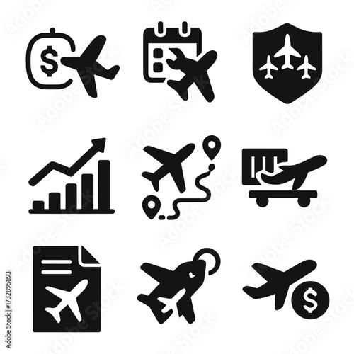 Airline Economy Icons. Solid style icons of airplane economy and operations: fuel cost icon, maintenance schedule symbol, fleet