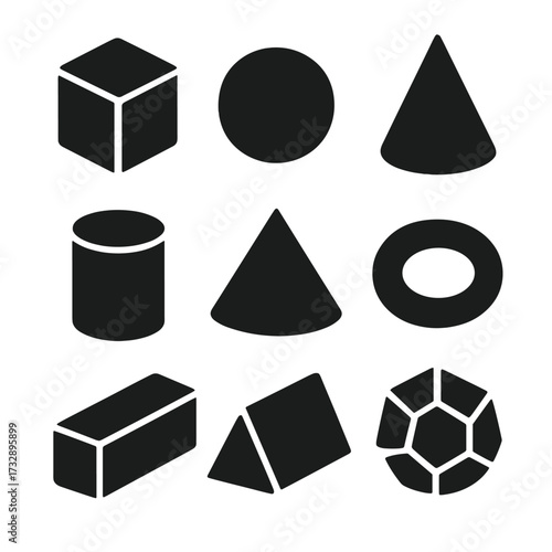 3D Geometric Icons. Solid style icons of 3D geometric forms: cube, sphere, cone, cylinder, pyramid, torus, rectangular prism,