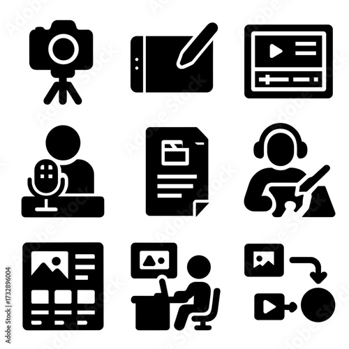 Creative Content Icons. Solid style icons of creative content creation: camera and tripod, drawing tablet, editing software icon,