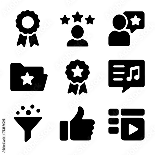 Content Curation Icons. Solid style icons of content curation and recommendations: best of the week ribbon, user rating stars,