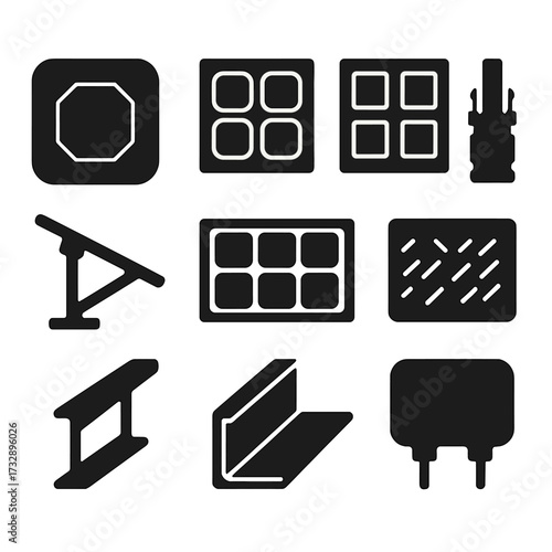 Solar Panel Icon Set. Solid style icons of solar panel components: photovoltaic cell, monocrystalline panel, polycrystalline panel