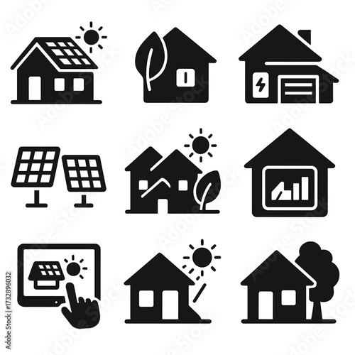 Solar Home Icon Set. Solid style icons of solar for residential homes: solar on modern house, energy-efficient home icon, battery