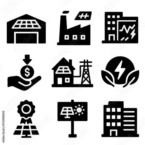 Solar Power Icons. Solid style icons of industrial and commercial solar: warehouse with rooftop solar, factory with panel icon,