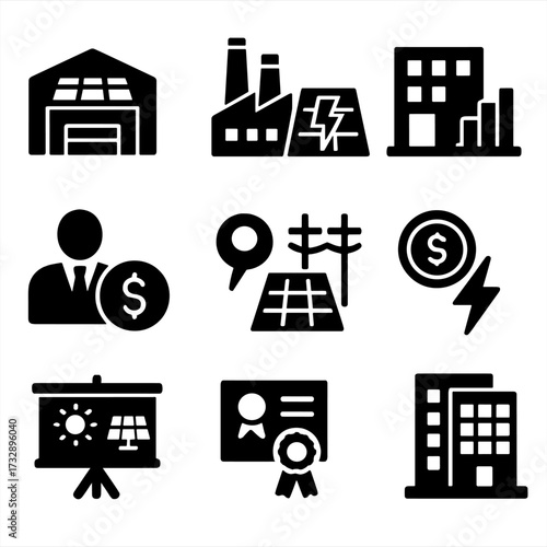 Solar Power Icons. Solid style icons of industrial and commercial solar: warehouse with rooftop solar, factory with panel icon,