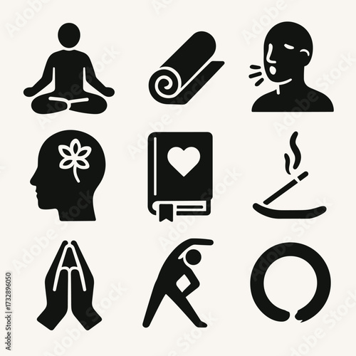 Wellness Icons Set. Solid style icons of wellness rituals: meditation pose, yoga mat rolled, breathing exercise figure,