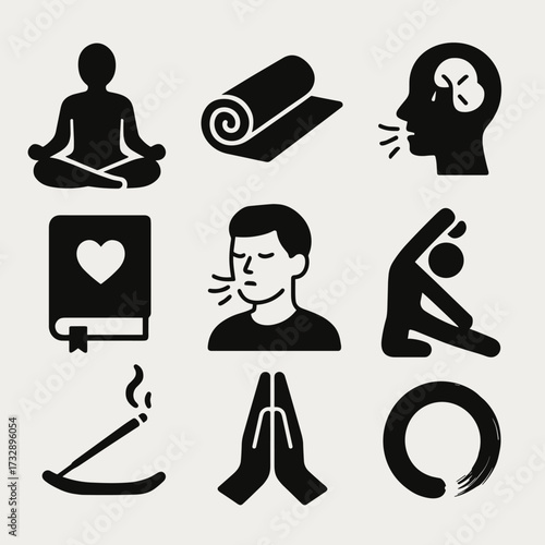 Wellness Icons Set. Solid style icons of wellness rituals: meditation pose, yoga mat rolled, breathing exercise figure,