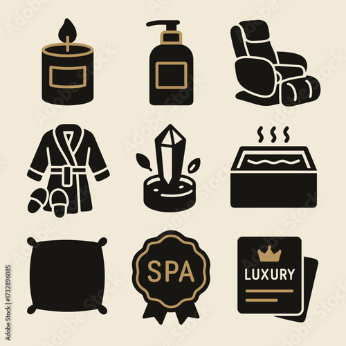 Luxury Spa Icons. Solid style icons of luxury wellness: gold trimmed candle, high-end lotion bottle, premium massage chair,
