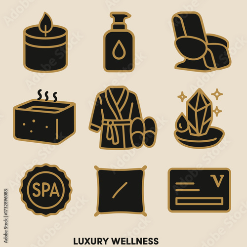 Luxury Spa Icons. Solid style icons of luxury wellness: gold trimmed candle, high-end lotion bottle, premium massage chair,