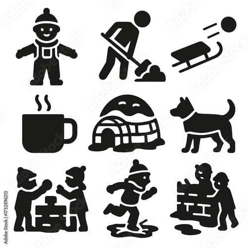 Snow Day Icons. Solid style icons of snow day activities: child in snow pants, snow shovel in use, sled on slope, snowball flying,
