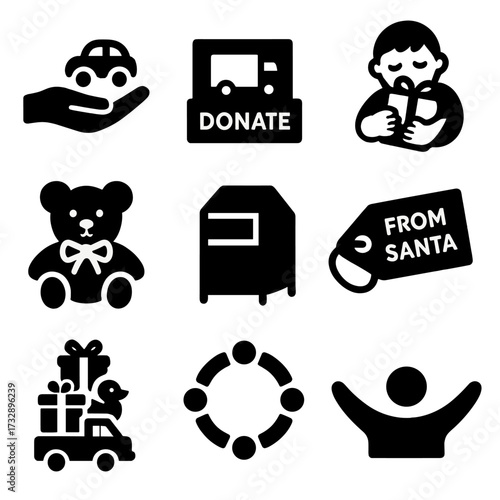 Toy Donation Icons. Solid style icons of toy donations and gift giving: hand passing toy, donation box with truck, child hugging