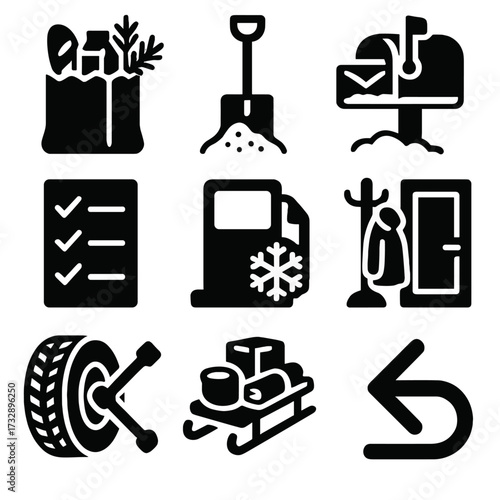 Winter Chores Icons. Solid style icons of winter chores and errands: grocery bag with pine, shovel with salt, mail pickup in snow,