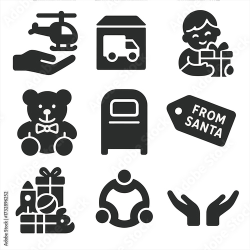 Toy Donation Icons. Solid style icons of toy donations and gift giving: hand passing toy, donation box with truck, child hugging