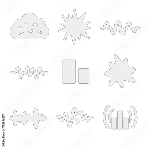 Noise Icons Collection. Solid style icons of noise and interference: white noise cloud, static burst line, waveform with dropouts,