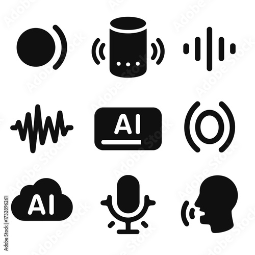 Smart Speaker Waves. Solid style icons of voice assistant and smart speaker waves: wake word signal, smart speaker icon with waves