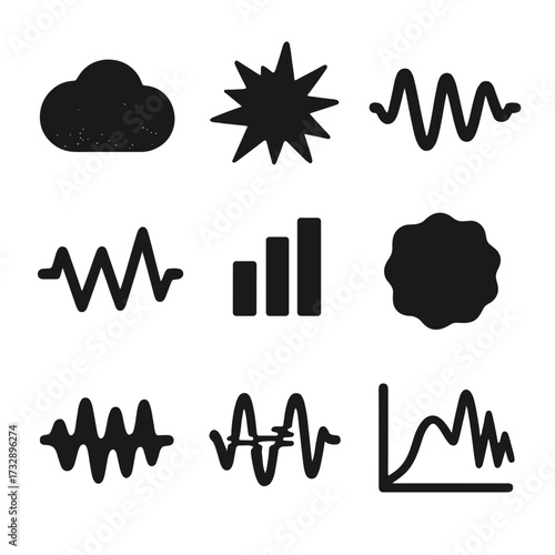 Noise Icons Collection. Solid style icons of noise and interference: white noise cloud, static burst line, waveform with dropouts,