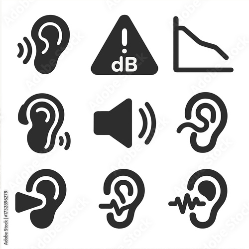Hearing Icons Collection. Solid style icons of hearing and auditory icons: ear with wave signal, decibel alert icon, auditory