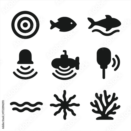 Underwater Sound Icons. Solid style icons of underwater sound waves: sonar pulse circle, marine echo line, whale call wave, deep