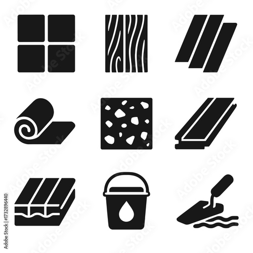 Flooring Material Icons. Solid style icons of flooring materials: ceramic tile, wood plank, vinyl flooring, laminate board, carpet