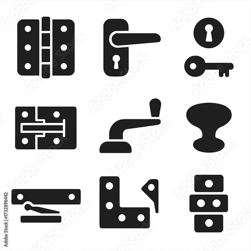 Hardware Icons Collection. Solid style icons of hardware and fittings: hinge, door handle, lockset, latch, window crank, cabinet