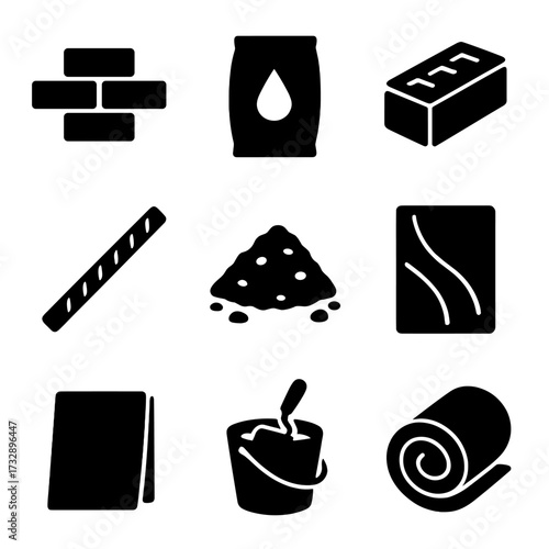 Construction Material Icons. Solid style icons of common construction materials: brick, cement bag, concrete block, rebar, gravel