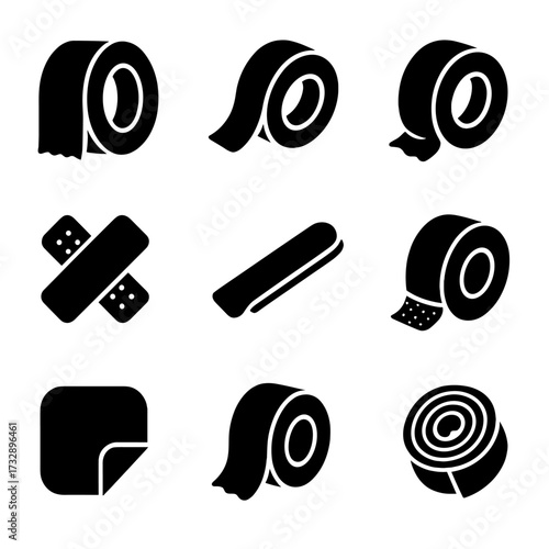 Adhesive Tape Icons. Solid style icons of adhesives and tapes: duct tape roll, double-sided tape, masking tape, joint tape,