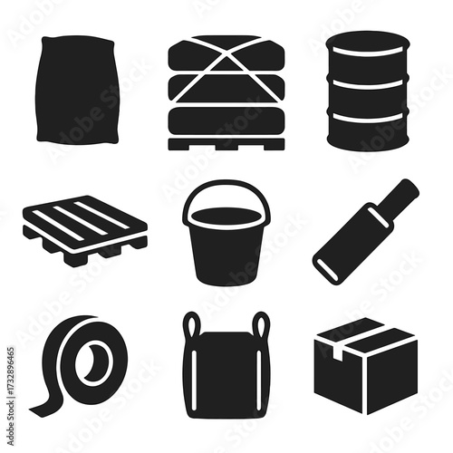 Construction Material Icons. Solid style icons of construction material packaging: cement sack, shrink wrap bundle, metal drum,